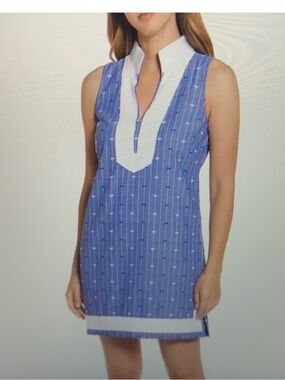 New Eliza J Preppy White and Blue Mandarin Collar Shift Dress Size 10